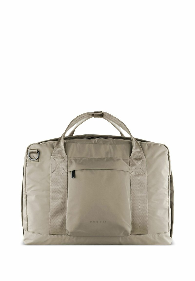 Bolsa grande de tela beige con doble asa, bolsillo frontal y marca sutil. Textura suave con forma rectangular estructurada.