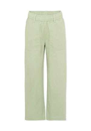 Pantalon vert clair à jambes droites avec taille élastique, passants pour ceinture et poches plaquées devant.