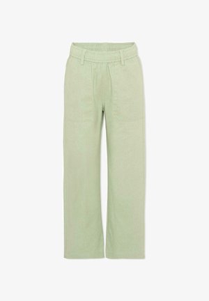 Pantalon vert clair à jambes droites avec taille élastique, passants pour ceinture et poches plaquées devant.