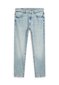 Light blue faded denim jeans with a slim fit, five pockets, belt loops, and button closure.