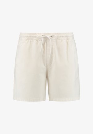 Gaiši bež šorti, izgatavoti no austa auduma, ar elastīgu jostu un auklu, sānu kabatām un brīvu piegriezumu.