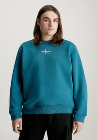 Pullover di colore verde acqua realizzato in tessuto morbido, presenta polsini e orlo a coste, con un logo bianco sul petto.