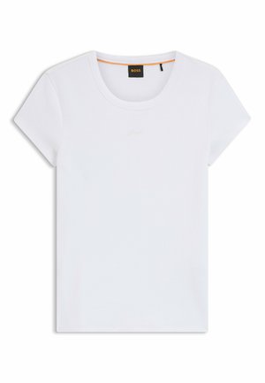T-shirt bianca a maniche corte con scollo rotondo, trama a coste e etichetta nera BOSS all'interno del colletto con bordatura arancione.