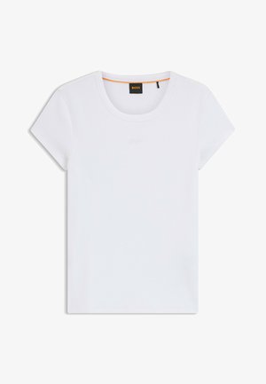White short-sleeve crew neck T-shirt with ribbed texture and black BOSS label inside collar with orange trim.