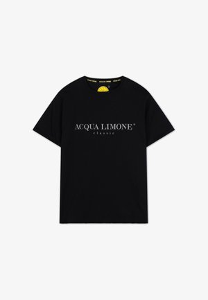 Svart bomulls t-shirt med rund halsringning, korta ärmar och en framsidesgrafik med "ACQUA LIMONE classic" i vitt och grått.