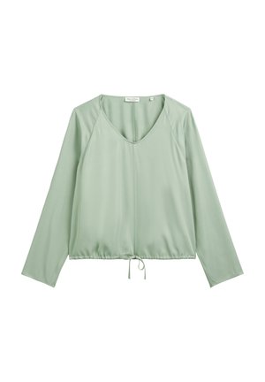 Light green long-sleeve blouse with a V-neck, fitted waistband with a tie detail, and smooth, lightweight fabric.