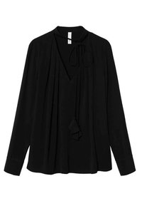 Blouse noire à manches longues avec décolleté en V, plis sur le devant et un nœud au col orné de pompons.