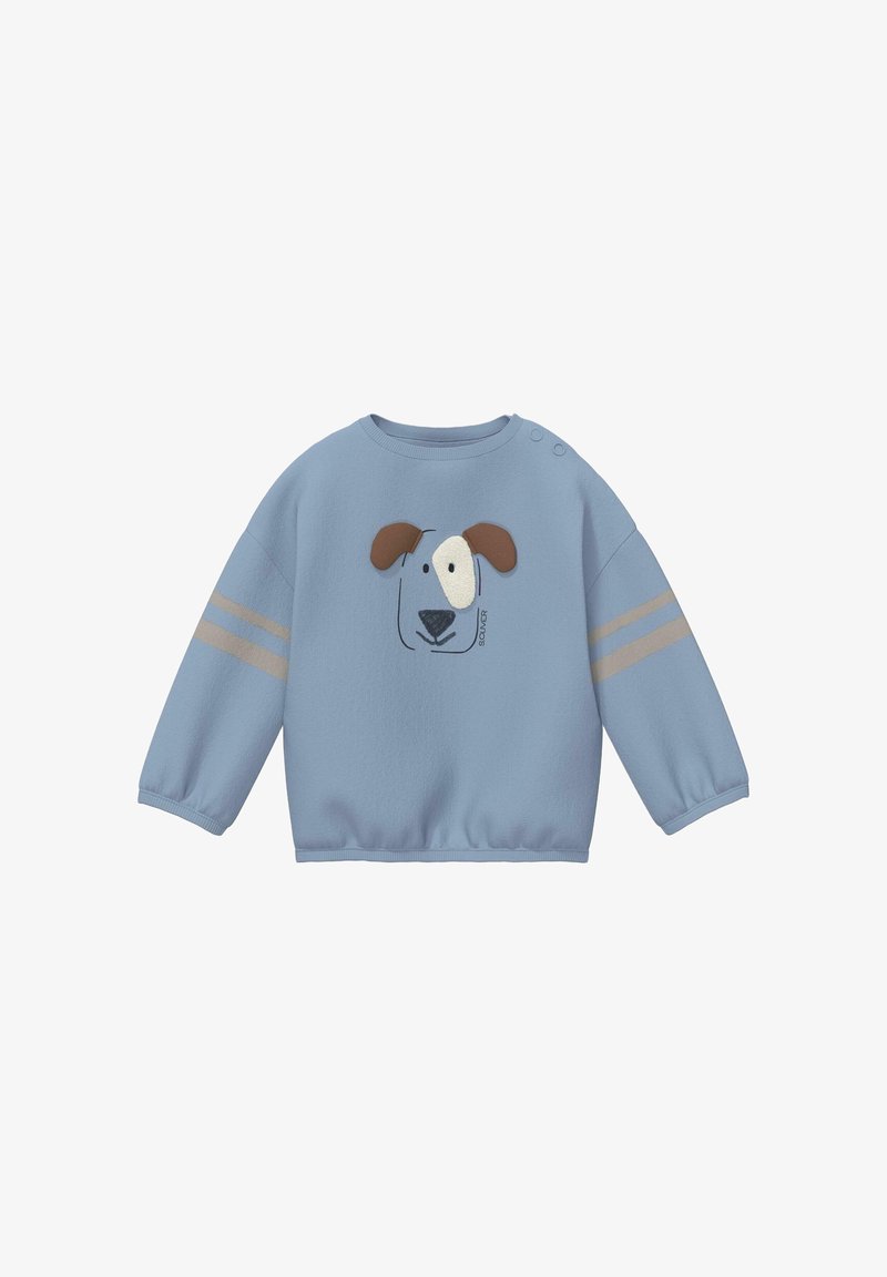 Blauer Kinderpullover mit langen Ärmeln, Motiv eines Hundegesichts, braunen Ohren, beigen Streifen auf den Ärmeln und zwei Knöpfen nahe der linken Schulter.