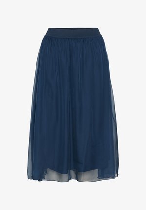 Tumesinine kihtse seelik, millel on sile ja kerge välimine kangas ning mugav elastne vöökohta. Läbipaistev overlay ja kellukese siluett.