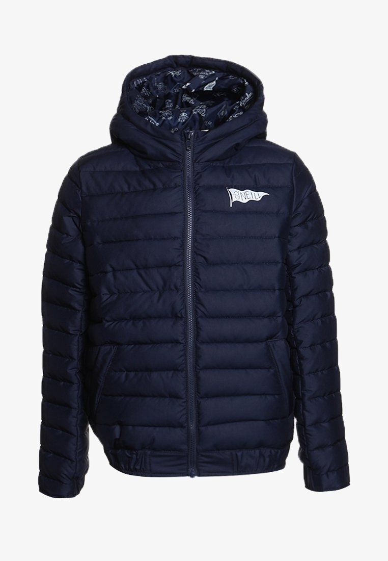 Veste matelassée à capuche bleu marine avec fermeture éclair à l'avant et logo blanc O’Neill sur la poitrine, avec doublure intérieure à motif dans la capuche.
