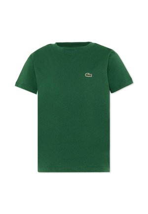 Ciemnozielona koszulka z krótkim rękawem i okrągłym dekoltem, z małym zielonym haftowanym logo krokodyla na lewej piersi.