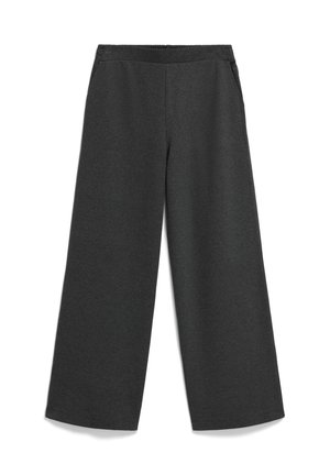 Dark gray wide-leg pants with an elastic waistband and side pockets, displayed flat on a white background.