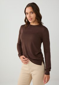 Bruine lange mouwen pullover met een ronde hals, zachte textuur, geribbelde manchetten en een licht gebogen zoom, gecombineerd met lichtbeige broeken.