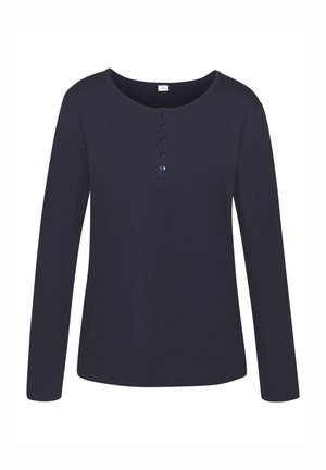 Navy lange mouw top gemaakt van zachte katoen, met een ronde halslijn en een knoopsluiting met vijf blauwe knopen aan de voorkant.