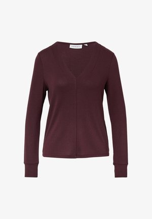 Top burgundy a maniche lunghe con scollo a V, realizzato in un tessuto morbido e elasticizzato. Design semplice con polsini aderenti e senza motivi o decorazioni visibili.