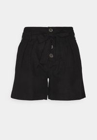 Schwarze Shorts mit hohem Bund, ausgestattet mit einem Bindegürtel, Falten und Vier-Knopf-Verschluss. Hergestellt aus leichtem Stoff mit glatter Textur.