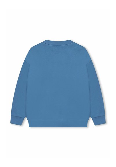 Sweatshirt bleu avec encolure et poignets côtelés, présentant un tissu texturé. Design simple, sans motifs ni graphiques. Vue de dos.