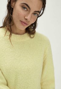 Pull en maille jaune doux avec un col rond côtelé et une coupe décontractée. Tissu texturé avec de subtiles variations de couleur.