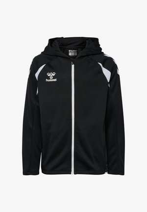 Zwarte hoodie met ritssluiting, witte accenten op de schouders, een witte rits en een wit hummel-logo op de linkerborst.