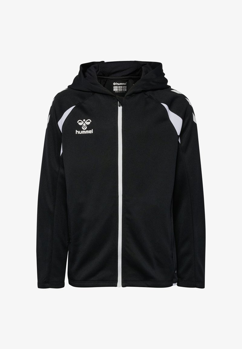Veste à capuche noire zippée avec accents blancs sur les épaules, fermeture éclair blanche et logo Hummel blanc sur la poitrine gauche.