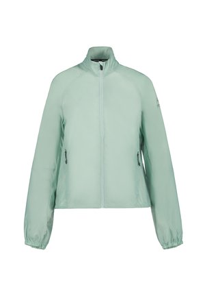 Lichte mintgroene jas met een hoge kraag, rits voorkant en elastische manchetten. Voorzien van twee zijzakken met ritssluiting. Glad van textuur.