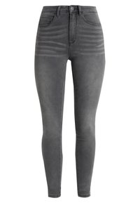 Jeans ajustados de cintura alta en denim gris oscuro con una textura suave, cinco bolsillos y cierre frontal de botón. Detalles descoloridos a lo largo de las piernas.