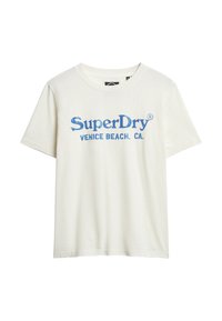 Biała bawełniana koszulka z krótkim rękawem, z niebieskim haftowanym napisem "SuperDry VENICE BEACH. CA." na klatce piersiowej. Prosty, luźny krój.