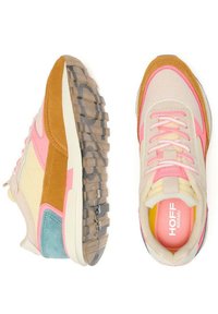 Sport sneakers with a mix of beige, pink, orange, and teal suede and nubuck materials; featuring a textured rubber sole and lace-up design.