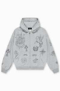 Γκρι φούτερ με φερμουάρ και τυπωμένα μαύρα γραφικά, που περιλαμβάνουν ένα κάστρο, άγγελο και διάφορα σύμβολα. Μαλακό ύφασμα με άνετη, χαλαρή εφαρμογή.