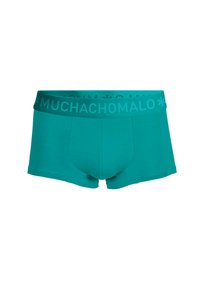 Turkusowe męskie bokserki, wykonane z elastycznego materiału, z szerokim, wypukłym pasem, na którym widnieje tekst "MUCHACHOMALO" w pasującym kolorze.