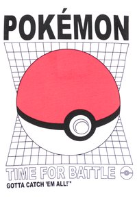 Raudona ir balta Pokémon Poké Ball grafika ant baltos fono, su tinklelio raštu už nugaros. Po ja parašyta "LAIKAS Į MŪŠĮ. REIKIA JUOS VISUS PAGAUTI!"