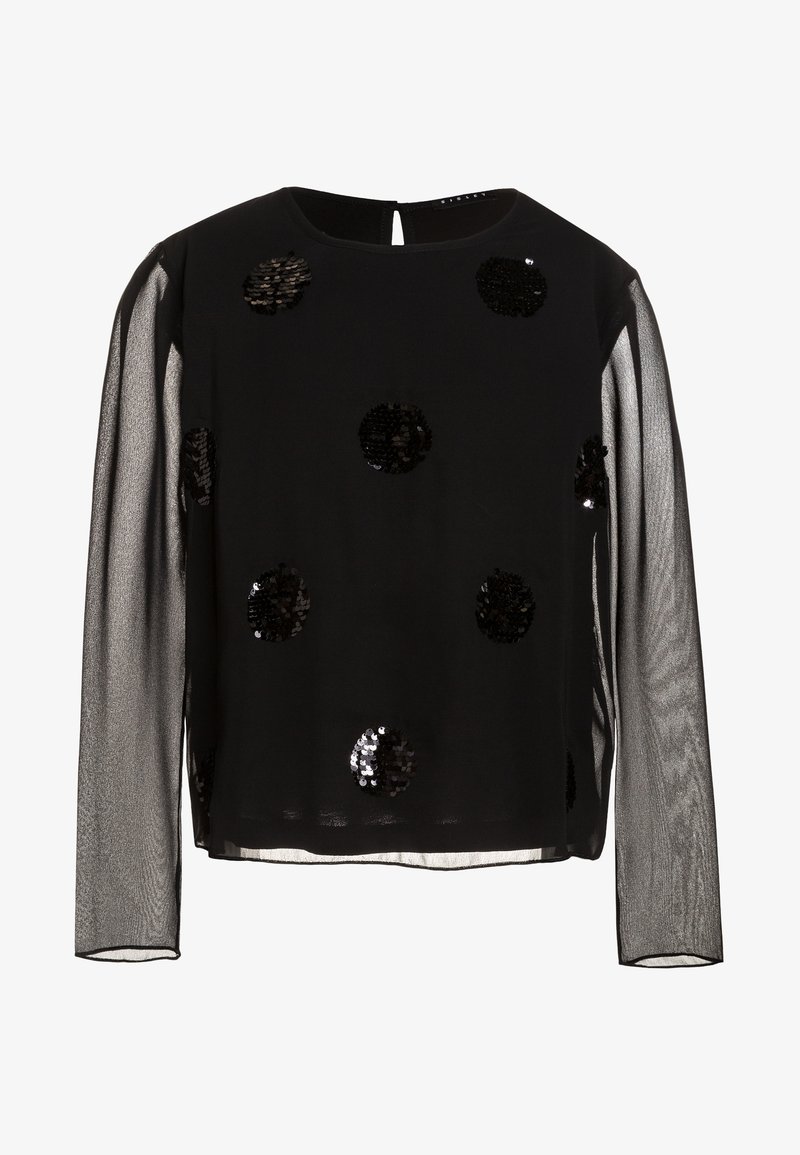 Top lungo nero a maniche con tessuto trasparente, decorato con piccoli dettagli in paillettes nere. Scollo rotondo semplice e dettaglio a chiave sulla schiena.