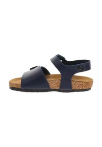 Sandale bleu marine à bout ouvert avec des brides réglables, semelle intérieure en liège et semelle extérieure en caoutchouc noir, vue de côté.