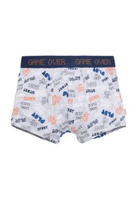 Boxers de algodón grises que presentan una variedad de textos con temática de videojuegos en azul, naranja y negro. Cintura elástica con detalle de "GAME OVER".