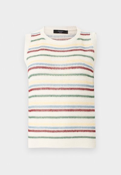 Αμάνικο κρεμ πλεκτό γιλέκο με οριζόντιες ρίγες σε πράσινο, μπλε, κόκκινο και κίτρινο σε υφασμένα σχέδια σε ανοιχτό φόντο.