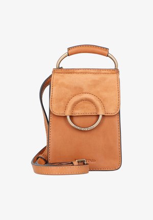Tan leather handbag with a smooth texture, rounded top handle, and a gold-tone ring accent. Features a front flap closure and adjustable strap.