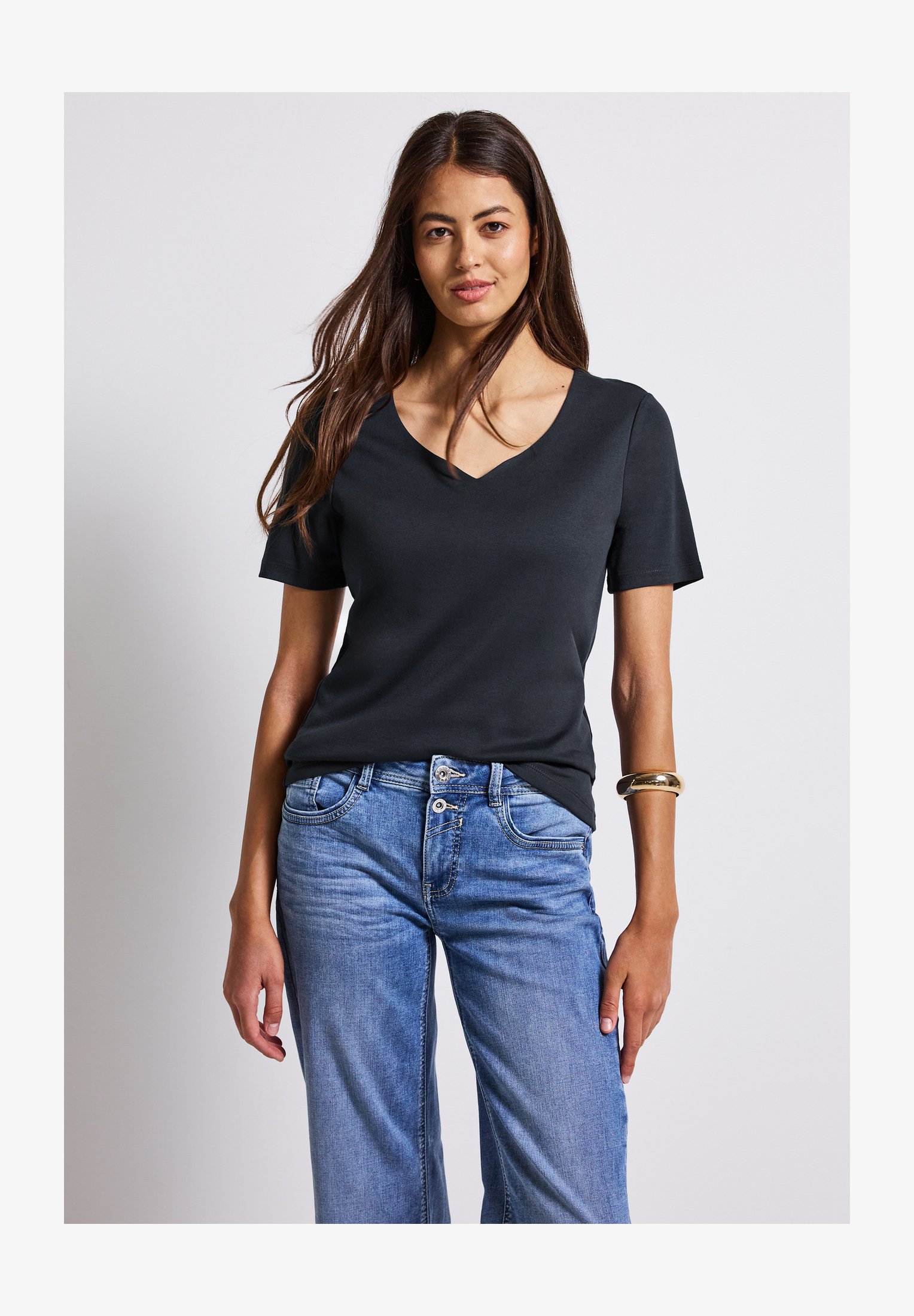 Street One Maglietta Basic Knit Look Con Scollo A V – Blu Profondo, Taglia 50 Donna