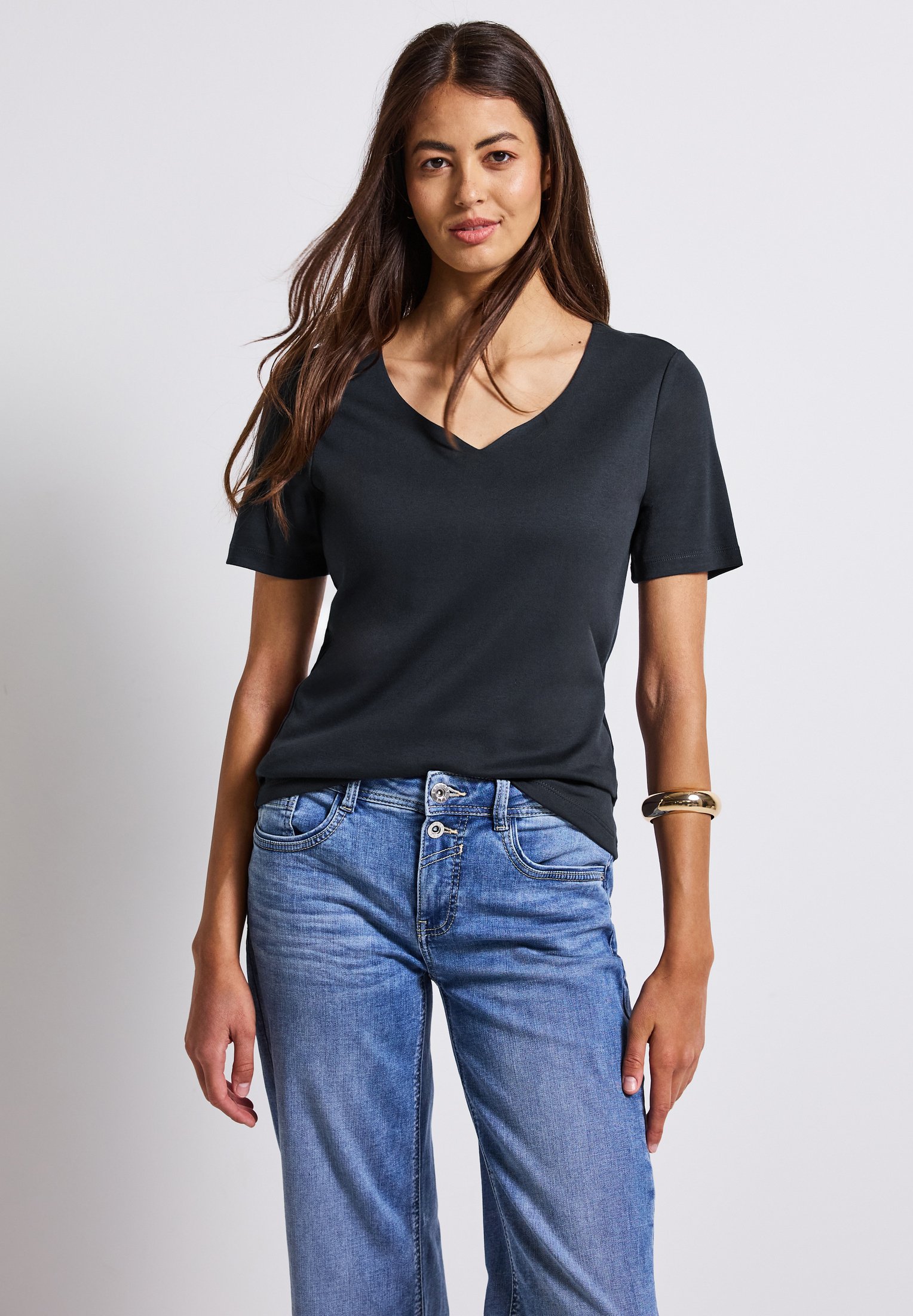 Street One Maglietta Basic Knit Look Con Scollo A V – Blu Profondo, Taglia 50 Donna