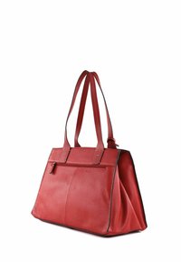 Borsa tote in pelle rossa con superficie texturizzata, doppi manici, tasca con zip sulla parte anteriore e bordi neri a contrasto.