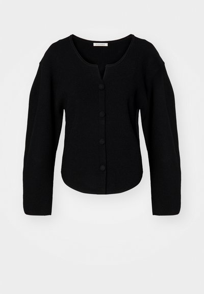 Black, rib-knit cardigan with a round neckline, button closure, and wide sleeves. Features a cropped fit and soft texture.