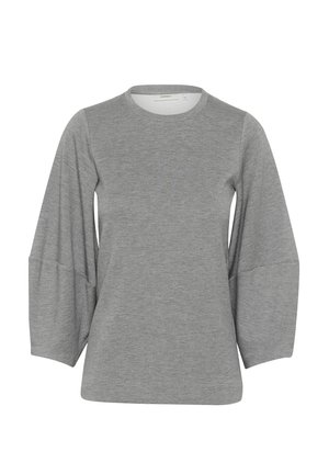 Top gris de manga larga hecho de una tela suave y elástica. Presenta un escote redondo y mangas voluminosas con detalles gather.