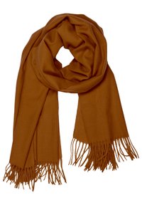 Brown scarf with soft texture, fringed ends, and a long rectangular shape, arranged in a loop for display.
