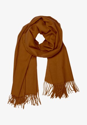 Brown scarf with soft texture, fringed ends, and a long rectangular shape, arranged in a loop for display.