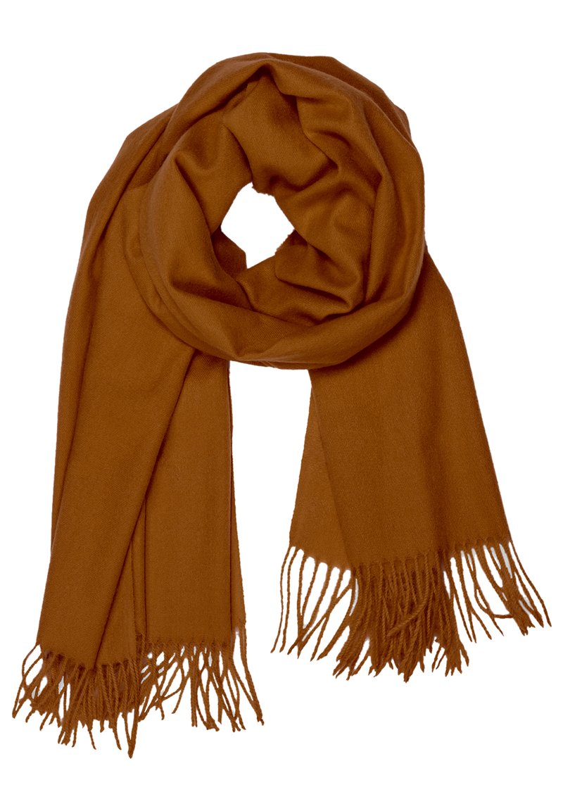 Brown scarf with soft texture, fringed ends, and a long rectangular shape, arranged in a loop for display.