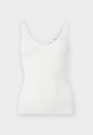 Top alb cu nervuri, cu decolteu în V, bretele subțiri și croială ajustată. Fabricat dintr-un material moale, având o etichetă mică cusută la guler.