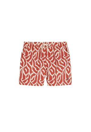 Bañador corto rojo y beige con un patrón abstracto de hojas y cintura con cordón frontal.