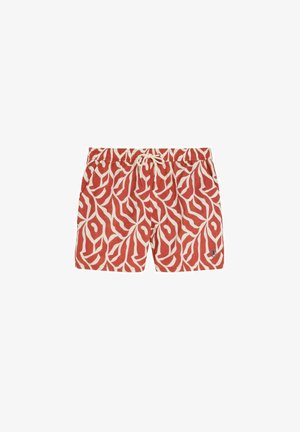 Rode en beige zwemshorts met een abstract bladmotief en een koordsluiting aan de voorkant.