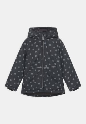 Veste gris foncé avec capuche, ornée de grands pois gris clair, fermeture éclair devant, deux poches et poignets élastiques pour un ajustement sûr.