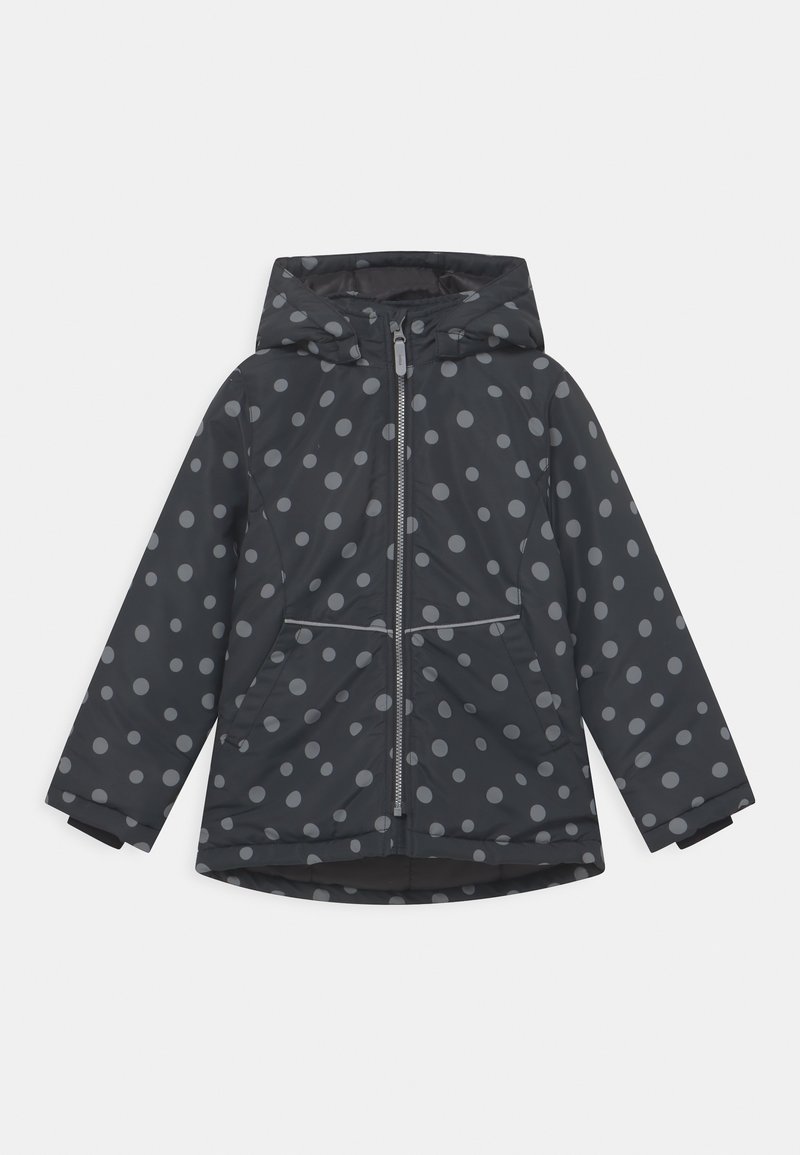 Veste gris foncé avec capuche, ornée de grands pois gris clair, fermeture éclair devant, deux poches et poignets élastiques pour un ajustement sûr.