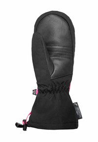 Zwarte wanten met een leren palm en een stoffen body met een roze accent. Inclusief een trekkoord voor een veilige pasvorm en isolatiedetails.